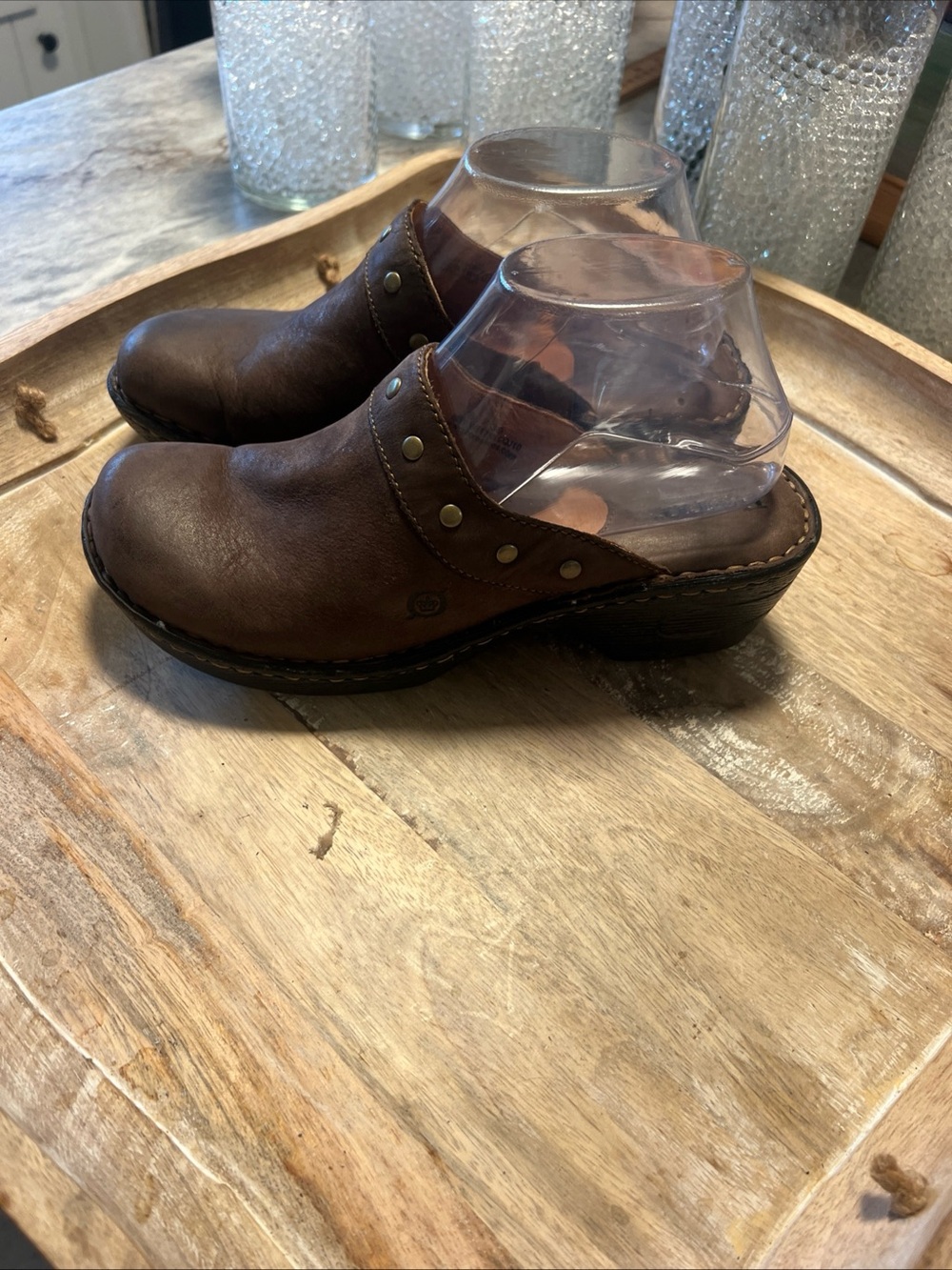 Born Men's Brown Leather Slip-On Clogs with Stud Accents